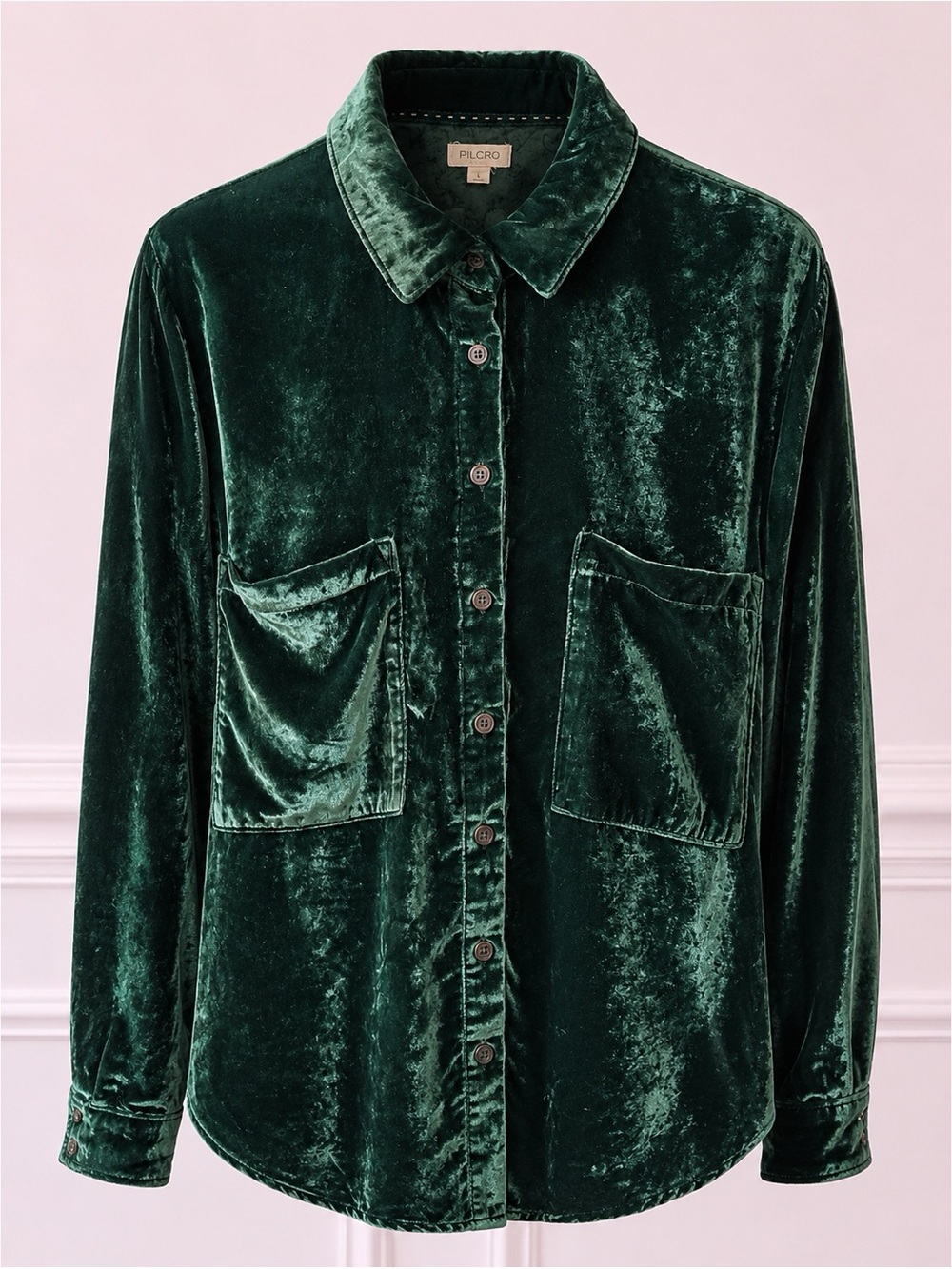 Anthropologie Pilcro Green Velvet Hadley Relaxed Fit Button Down Top L Large